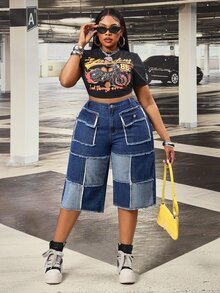SHEIN CURVE+ Festival Plus Size Women's Blue Non-Stretch Denim Patchwork Frayed Hem Capris - Dark Wash - View 6