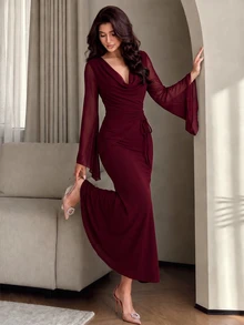 Modelyn Women's Solid Color Cowl Neck Flare Sleeve Side Drawstring Waist Elegant Long Dress - Burgundy - View 4