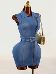 Mistrie Women's Fashion Asymmetric Zipper Denim Dress - Blue - View 6
