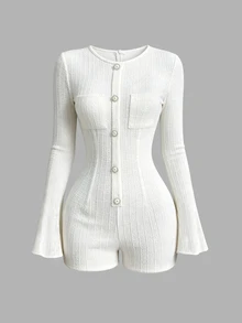 Sweetra Autumn/Winter Fashion New French Chic Round Neck Single-Breasted Waist-Cinching Slimming Exquisite Faux Pearl Button Decor Flared Long Sleeve Women's Romper - White - View 1