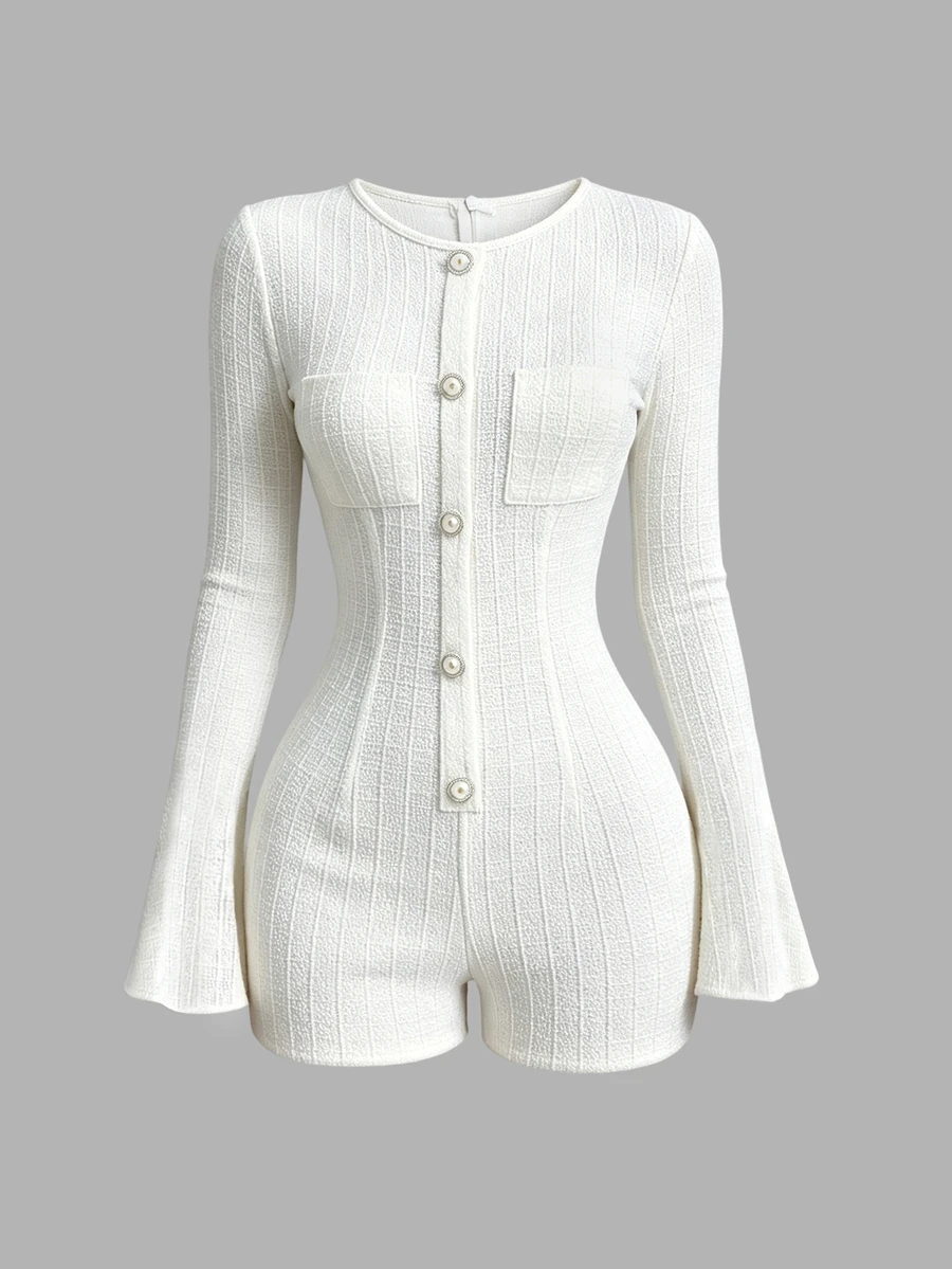 Sweetra Autumn/Winter Fashion New French Chic Round Neck Single-Breasted Waist-Cinching Slimming Exquisite Faux Pearl Button Decor Flared Long Sleeve Women's Romper - White - View 1