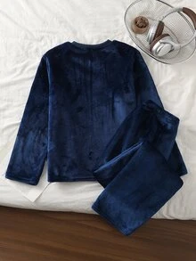 Boys' Letter Embroidered Grey Dark Grey Plush Long Sleeve Pants Set Loungewear Lounge Night Autumn Modest Casual - Blue - View 3