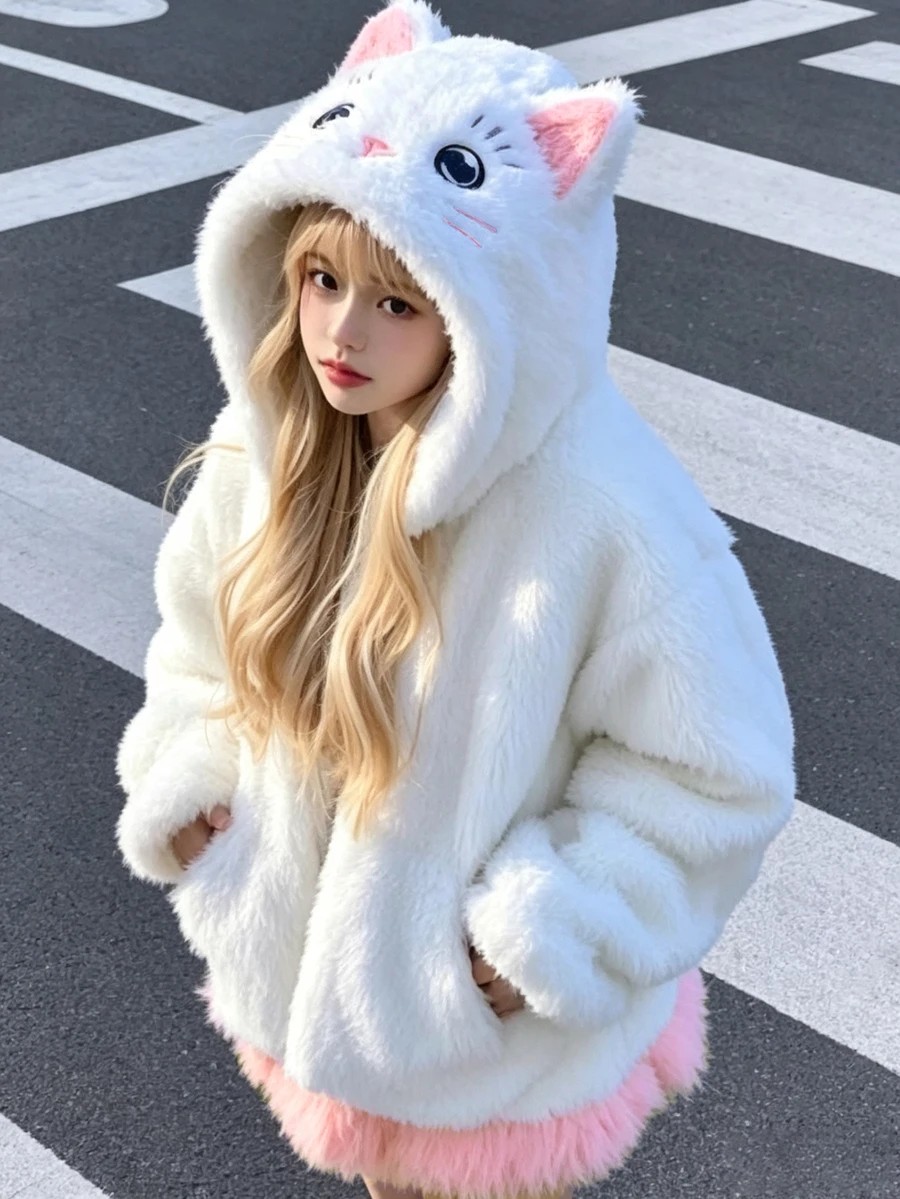 SHEIN 1件女童甜美風休閒外套,校園休閒穿搭,秋冬款3D貓咪刺繡連帽寬鬆抓絨夾克 - 白色 - 查看 1