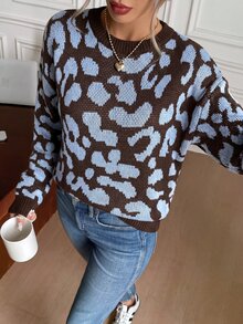 Serisse 女款全印花休閒圓領長袖套頭毛衣 秋冬款 - 藍色 - 查看 5