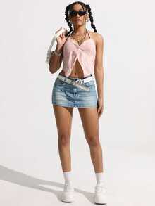 Jeanoix Petite Y2K Women's Summer Casual Mini Denim Skirt - Light Wash - View 3