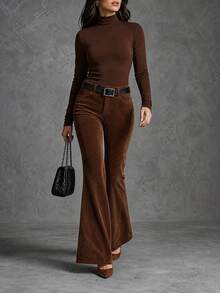 LUMIGAL Women's Solid Color Casual Corduroy Flare Leg Pants With Pockets - Coffee Brown - View 5