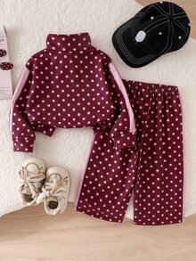 SHEIN 2件組幼女運動休閒套裝，酒紅色波點蝴蝶結條紋半拉鍊長袖立領衛衣＋寬腿長褲，可愛風格，適合上學、秋季假期，Katseye Sport - 彩色 - 查看 2