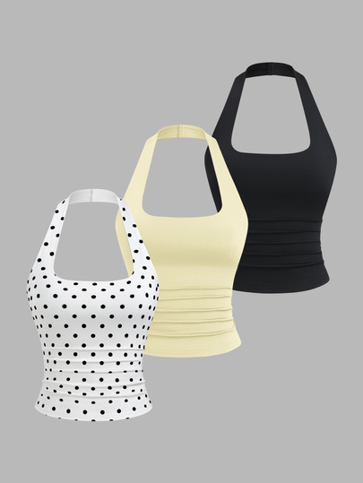 Sweetra Women's Spring/Summer Casual Vacation Comfortable Versatile U-Neck Slim Fit Black/White/Coffee 3 Pieces Tank Top Set