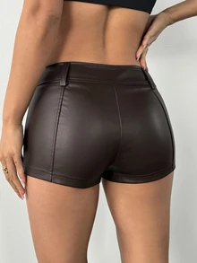 SHEIN PETITE 女款純色拉鍊前開襟休閒短褲，極短褲 - 棕色 - 查看 2