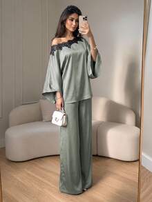 Modelyn Women's 2 Pieces Set, Elegant One-Shoulder Lace Trim Bell Sleeve Loose Top And Wide Leg Sage Green Pants, Suitable For Autumn Office, Party, Outing - Mint Green - View 1