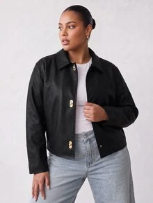 Solavibe Plus Size Black Faux Leather Collared Toggle Button Jacket For Campus Hangout,Urban Stroll,Autumn Holiday Trip,Winter Jacket,Work Outfits - Black - View 5