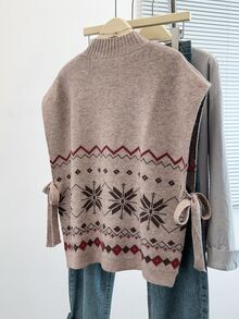 GlowEve CURVE Christmas Half-High Neck Knitted Sleeveless Tie-Up Knit Top - Multicolor - View 2