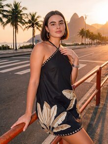 CAJUNI Chic Vacation Golden Palm Tree Embroidery Short Dress - Multicolor - View 5