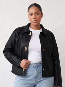 Solavibe Plus Size Black Faux Leather Collared Toggle Button Jacket For Campus Hangout,Urban Stroll,Autumn Holiday Trip,Winter Jacket,Work Outfits - Black - View 7