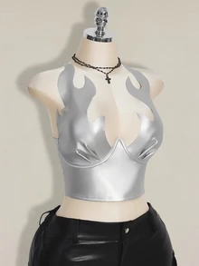 SHEIN ICON 大尺碼 PU 烈焰上衣，嘉年華服裝，派對上衣，萬聖節，萬聖節服裝 - 銀色 - 查看 7