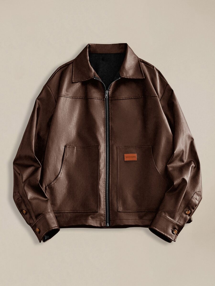 EASEVO Men's Plus Size Denim Jacket With Zipper Pockets And PU Material Halloween Winter Party Autumn - Brown - View 1