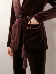 MOTF PREMIUM WOMEN'S VELVET SOLID COLOR PATCHWORK POCKET TASSEL TIE WAIST BLAZER - Brown - View 4