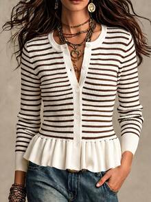 SHEIN Autumn Winter Casual Fashion Black White Striped Round Neck Single Breasted Flared Hem Slim Fit Long - Coffee Brown - View 1
