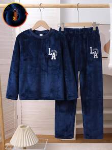 Boys' Letter Embroidered Grey Dark Grey Plush Long Sleeve Pants Set Loungewear Lounge Night Autumn Modest Casual - Blue - View 2
