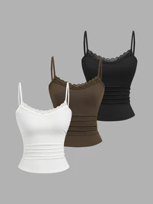 Sweetra Women's New Fashion Versatile Multi-Color High Elasticity Knitted Lace Trim Patchwork Anti-Stripe Camisole - Multicolor - View 3