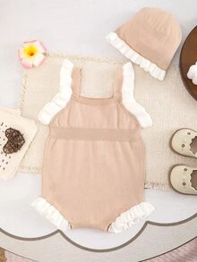SHEIN LMoss Kids 女嬰新生兒小碎花針織秋季連身衣，拼色設計，蕾絲飾邊，適合滿月、生日及其他場合，連身衣+帽子2件套 - 杏色 - 查看 2
