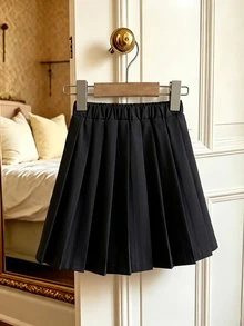 SHEIN 女童基礎款黑色百褶裙，棉混紡面料，適合學校、外出、玩耍與日常穿著，秋冬款 - 黑色 - 查看 7