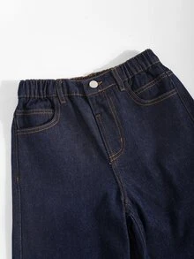 Big Girls' New Fashion Deep Blue Washed Straight Leg Wide Leg Loose Denim Jeans, Minimalist Daily All-Match Design Suitable For Back To School Season, Comfortable And Versatile - Medium Wash - View 5