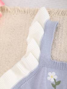 SHEIN LMoss Kids 女嬰新生兒碎花針織秋季連身衣，拼色設計，蕾絲飾邊，適合滿月、生日及其他場合，連身衣 + 帽子 2件套 - 霧霾藍 - 查看 6