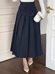 DAZY Autumn/Summer New High Waist Single-Breasted Decorative Pleated Solid Color Loose A-Line Mid-Length Skirt For Women - Navy Blue - View 1