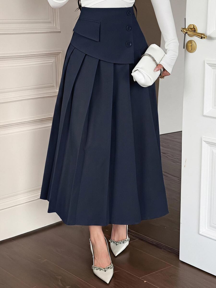 DAZY Autumn/Summer New High Waist Single-Breasted Decorative Pleated Solid Color Loose A-Line Mid-Length Skirt For Women - Navy Blue - View 1