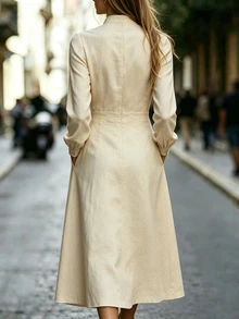 Trelyra Women's Solid Color Notched V-Neck Long Sleeve Pocket Casual Midi Dress - Khaki - View 2