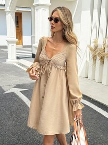 Serisse Women's Elegant Lace Patchwork Dress - Apricot - View 3