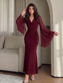 Modelyn Women's Solid Color Cowl Neck Flare Sleeve Side Drawstring Waist Elegant Long Dress - Burgundy - View 7