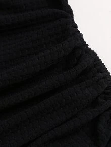 Sweetra Women's Black Elegant Casual Minimalist Commuter Asymmetrical Shoulder Pleated Fitted Hem Drawstring Design Dress - Black - View 6