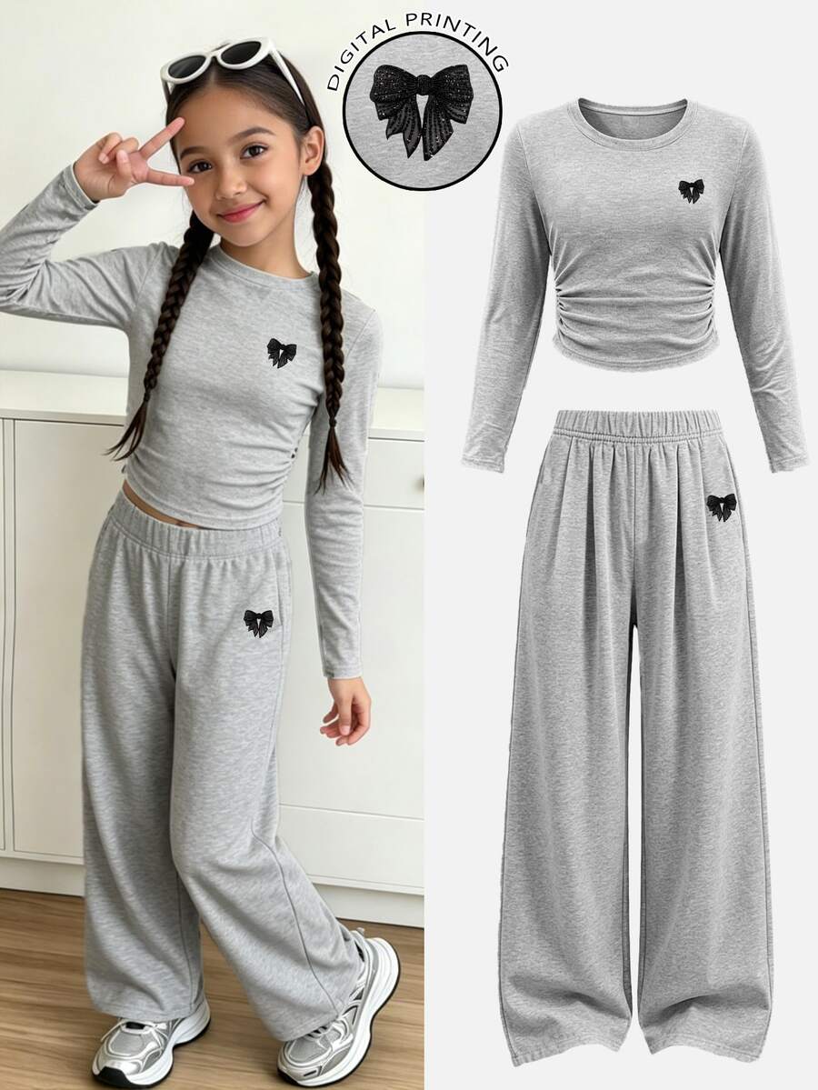 Autumn Tween Girl Tween Girl Fashion Minimalist Premium Glitter Bow Pattern Waist Ruched Long Sleeve T-Shirt & Wide Leg Pants Set - Multicolor - View 1
