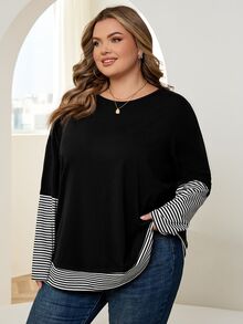 SHEIN CURVE+ 大尺碼女款圓領拼接條紋 2 合 1 休閒 T 恤 秋季 - 彩色 - 查看 4