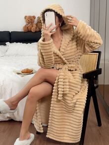 Napfluff Jubah Wanita Lengan Panjang Berkerudung dengan Bulu Kelinci Imitasi Bergelombang, Saku Ikat Pinggang, Jubah Mandi Rumah Musim Dingin Mewah dan Lembut, Pakaian Tidur Lembut untuk Musim Gugur/Dingin - Unta - View 6