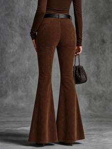 LUMIGAL Women's Solid Color Casual Corduroy Flare Leg Pants With Pockets - Coffee Brown - View 2