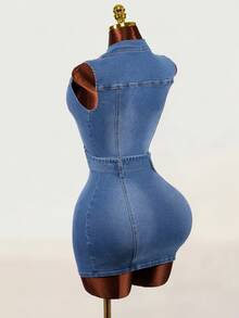 Mistrie Women's Fashion Asymmetric Zipper Denim Dress - Blue - View 2