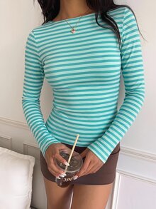 CovetEZ 95%棉女款休閒性感條紋修身長袖T恤，棉混紡面料，秋季風格，日常街頭穿搭，通勤、出遊、約會、派對 - 彩色 - 查看 5
