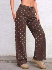 Jeanoix Petite Y2K Women's Polka Dot Print Straight Leg Denim Jeans - Coffee Brown - View 3