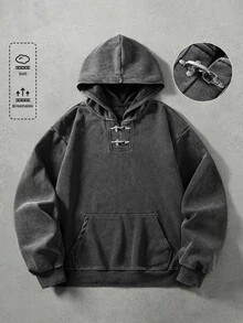 ROMWE MEN 男士金屬鈕扣水洗寬鬆版型連帽衛衣 - 黑色 - 查看 1
