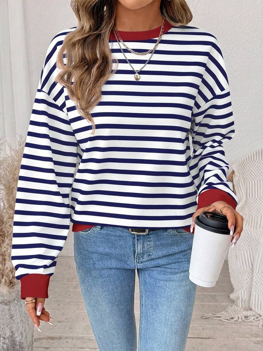 SHEIN LUNE 女款休閒極簡條紋拼色長袖運動衫 - 白色 - 查看 1