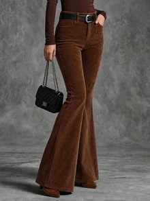 LUMIGAL Women's Solid Color Casual Corduroy Flare Leg Pants With Pockets - Coffee Brown - View 3