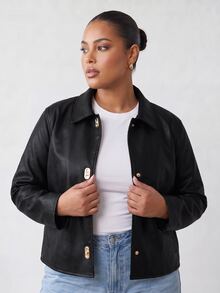 Solavibe Plus Size Black Faux Leather Collared Toggle Button Jacket For Campus Hangout,Urban Stroll,Autumn Holiday Trip,Winter Jacket,Work Outfits - Black - View 6