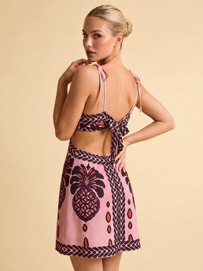 CAJUNI Vestido mini de vacaciones tropicales con palmera y piña en color malva
