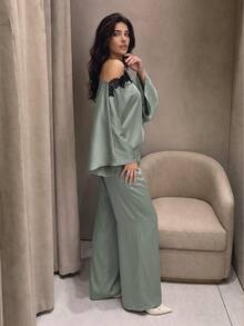 Modelyn Women's 2 Pieces Set, Elegant One-Shoulder Lace Trim Bell Sleeve Loose Top And Wide Leg Sage Green Pants, Suitable For Autumn Office, Party, Outing - Mint Green - View 5