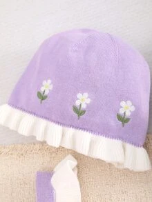 SHEIN LMoss Kids 女嬰新生兒碎花針織秋季連身衣，拼色設計，蕾絲飾邊，適合滿月、生日及其他場合，連身衣+帽子 2件套 - 淡紫色 - 查看 4