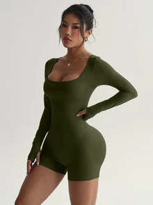 Slayform Slayform Dewbera 女款時尚運動風交叉設計露背緊身連身褲 機場穿搭 - 軍綠色 - 查看 3