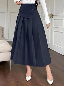 DAZY Autumn/Summer New High Waist Single-Breasted Decorative Pleated Solid Color Loose A-Line Mid-Length Skirt For Women - Navy Blue - View 4